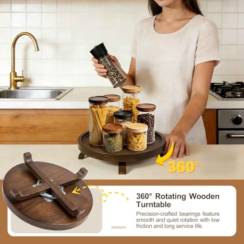 12" Solid Wood Lazy Susan Turntable Organizer for Cabinet, Pantry, Kitchen Countertop - Farmhouse Style with Raised Feet & Water-Resistant Coating, Rustic Bathroom Vanity Tray and Dining Table Decor - size: 12 Inch
