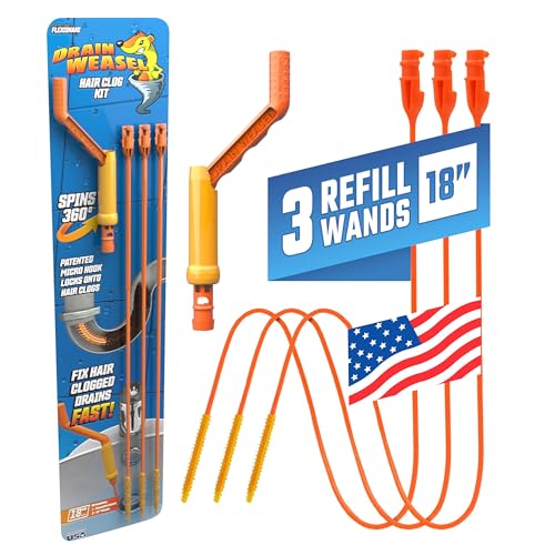 FlexiSnake Drain Weasel Sink Snake Hair Clog Remover Tool Kit, 3 Wands | Pipe, Bathroom, Bathtub Cleaner, 18-inch Long Refills, Flexible, Removable Handle, Made in The USA
