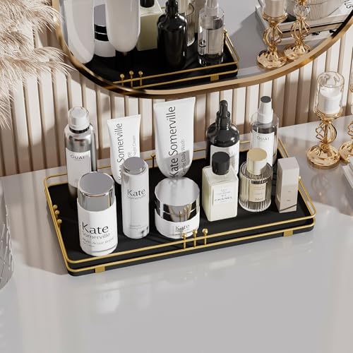 Toilet Paper Basket, Bathroom Basket for Counter Toiletries Towel Decor, Toilet Tank Tray, Guest Back of Toilet Organizer Storage, Vanity Tray for Perfume Makeup, Kitchen 13”x6.5” Black-Gold - color: Black + Gold, size: 13" x 6.5" x 1.6"