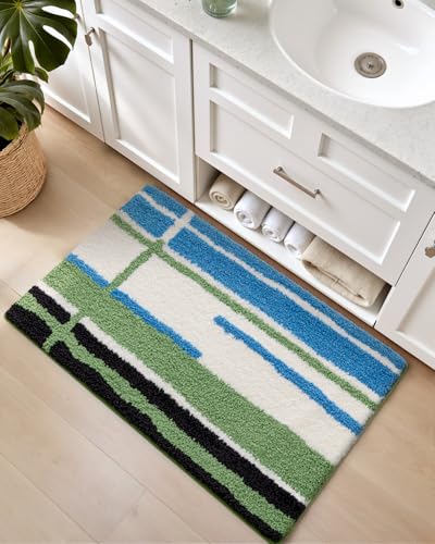 DEXI Striped Bath Mats for Bathroom 24x16, Washable Absorbent Bathroom Rugs with Non Slip Backing, Extra Soft Plush Microfiber Shower Rugs for Tub, Floor, Sink, Blue and Green - color: Green and Blue, size: 24" X 16" (Rectangular)