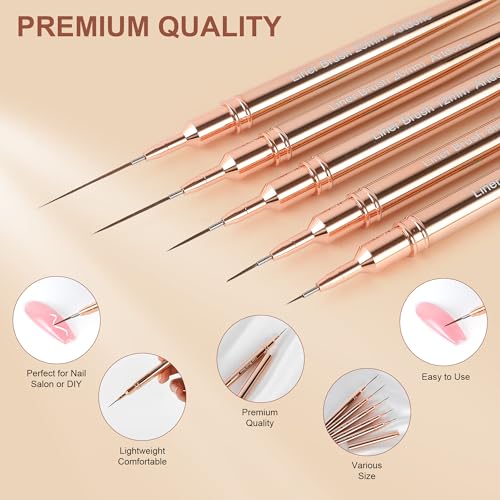 Artdone Metallic Nail Art Pens, Liner Brushes Set, 5PCS Gold Nail Tools | For Long Lines, Thin Details, Fine Drawing, Liner Brush UV Gel Polish Painting Nail Design Sizes 5/8/12/20/25mm - color: Copper Liner Brush Set