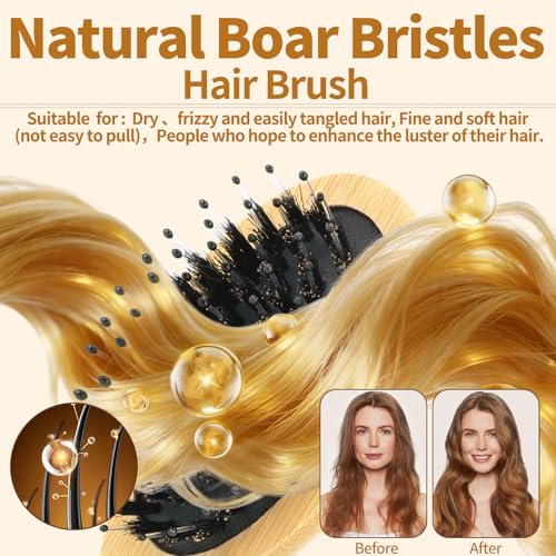 Mini Bamboo Hair Brush 2-Pack, Boar Bristle & Single Pins Massage Detangler, Small Travel Size for Thick/Curly Hair, Anti-Static Pocket Brush for Women Men Kids Gift