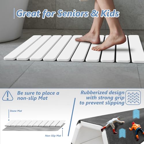 AWW Foldable Stone Bath Mat, Diatomaceous, 23.6"x15.5", White | Quick-dry surface, super absorbent design, easy-clean finish, non-slip mat included, and compact storage for small bathrooms - color: White, size: 23.6" x 15.5"