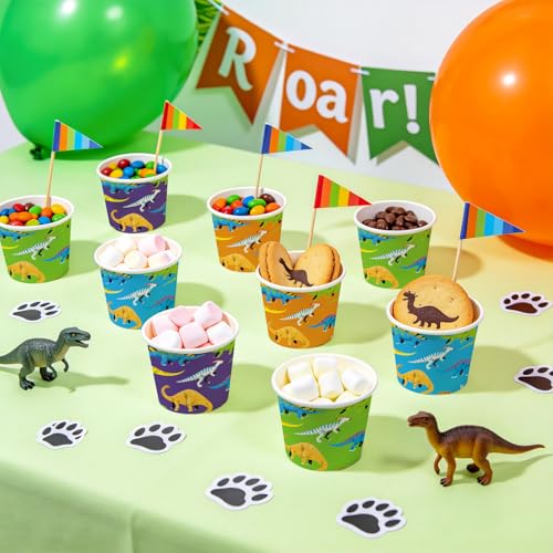 WRAPAHOLIC 3oz Dinosaur Paper Cups - 100 Pack Disposable Bathroom Cups with Green Orange Blue Purple 4 Designs, Small Mouthwash Cup for Toothbrush Rinse, Home Bathroom Baby Shower and Kids Birthday - color: Green/Orange/Blue/Purple Dinosaur
