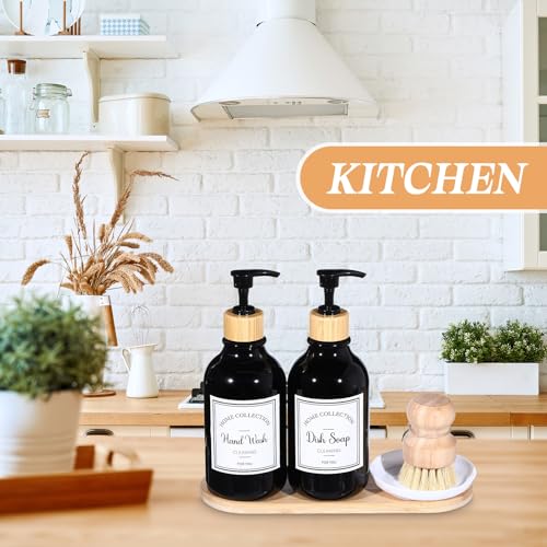 Zopeal 4 Pcs 16 oz Kitchen Soap Dispenser Set with Bamboo Tray and Dish Brush Plastic Soap Dispenser Set with Waterproof Labels for Hand Dish Lotion(Black) - color: Black
