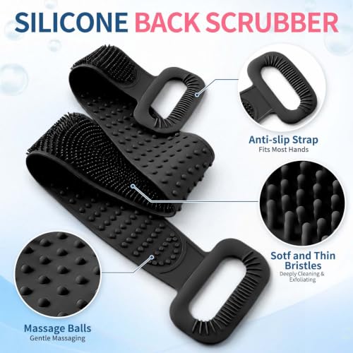Manmihealth Silicone Back Scrubber for Shower, 36'' Extendable Back Washer with Long Strap Handle, Dual-Sided Silicone Body Brush for Men and Women(Black) - color: Black