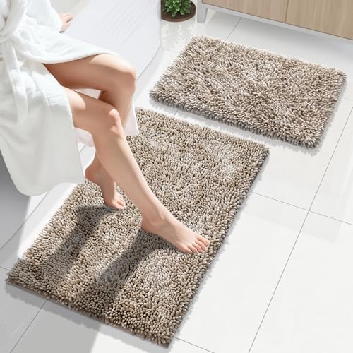 Yimobra Bathroom Rug Set 2 Piece, Luxury Shaggy Bath Mat Set with Non Slip Backing, Ultra Soft & Absorbent Mats for Bathroom Floor, Machine Washable, 31.5"x20"+24"x17", Camel - color: Camel, size: 24x17 + 31.5x20 Inch