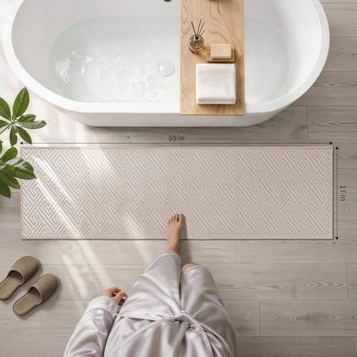 YIHOUSE Beige Bathroom Runner Rugs 17"x59", Quick Dry Non Slip Long Bath Rug, Absorbent Machine Washable Thin Bath Mat for Restroom Floor Tub Laundry Room Home Decor - color: Beige, size: 1'5" x 4'11" (Rectangular)