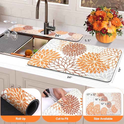 Findosom 2PCS 16" x 24" Fall Dish Drying Mat & 24" x 5.5" Sink Splash Guard, Super Absorbent & Cuttable Dish Mat Drying Kitchen Mat with Orange Floral, Hide Stain Drying Mat for Kitchen Counter - color: Orange, size: 16" X 24" + 24" X 5.5"