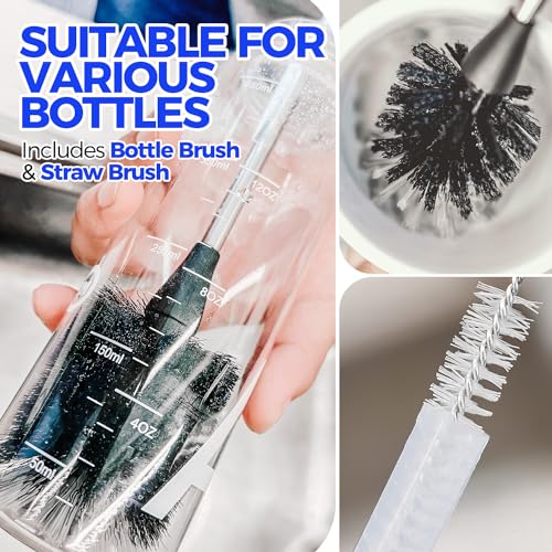 Holikme 5-Piece Bottle Brush Cleaner Set - 14" Stainless Steel Handle, 3 Straw Brushes, Cleans Water Bottles, Cups, Baby Bottles, Black & Grey - color: Black, size: 5Pack