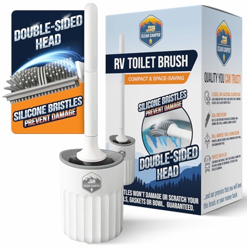 RV Toilet Brush by Clean Camper – Wall-Mounted Set, Silicone, Scratch-Free Dual-Sided Head, Quick-Drying Holder, Compact & Durable Set with Strong Adhesive Mount for RV & Camper Toilets