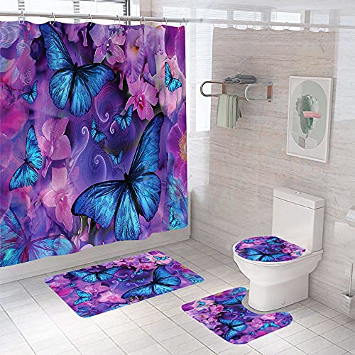 4Pcs Flowers and Butterfly Shower Curtain Set with Non-Slip Rugs and Toilet Lid Cover Cute Animals Floral Fabric Bathroom Decor with Hooks Waterproof Washable 72"x72" Blue Purple - color: Blue Purple