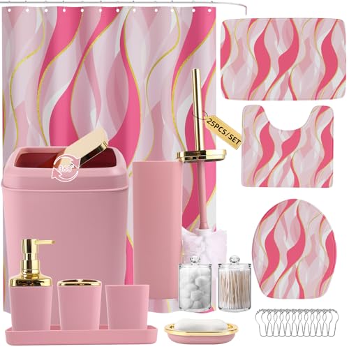 XLHOMO Bathroom Set - Pink and Gold Bathroom Accessories, Bathroom Sets with Shower Curtain and Rugs, Pink Shower Curtain Set with Bathroom Trash Can, Soap Dispenser, Soap Dish for Home Decor - color: Stripe Pink & Gold, size: Complete Set + Bath Rugs