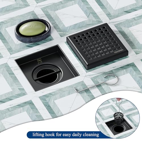 Neodrain Matte Black Square Shower Drain with Removable Quadrato Pattern Grate, 304 Stainless Steel Square Drain, CUPC Certified, with Hair Strainer and Lifting Hook (Matte Black, 4 in) - color: Matte Black, size: 4 IN