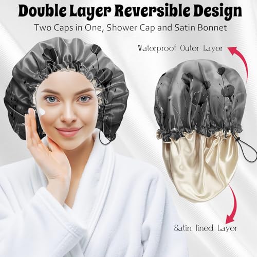 Luxury Shower Cap Satin Lined Reusable Waterproof Double Layer Elastic Adjustable Hair Bath Cap Cute Aesthetic Women Girls-Black Flower - color: F19-Black Flower