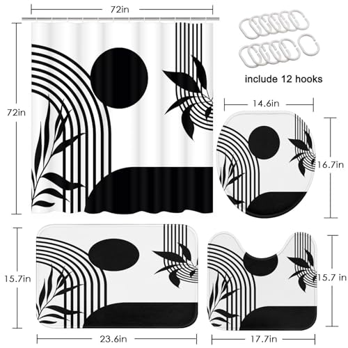 Boho Mid Century Shower Curtain Set with Toilet Lid Cover and Non-Slip Rugs, Abstract Geometric Black White 4 Pcs Modern Minimalist Vintage Shower Curtain for Bathroom Set with 12 Hooks - color: Boho Black White