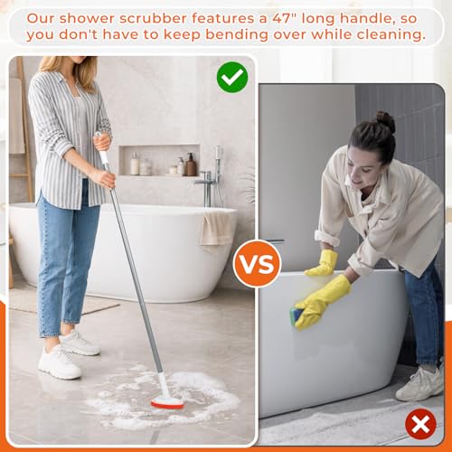 Bathtub Scrubber with Long Handle - Shower Scrub Brush with 8 Replacement Scouring Pads, Bathroom Cleaning Brush for Tub, Tile, Floor - size: Shower Scrubber