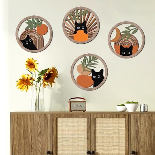 HPNIUB Boho Black Cat Wall Decor, Farmhouse Geometric Hanging Wooden Wall Art, 4 Pieces 10''x10'' Mid Century Bohemian Abstract Moon and Sun Wood Sign for Nursery Bedroom Decoration, Lovely Cat Gifts - color: Cat style A