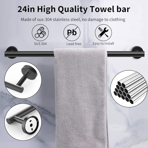 Newfun 10-Pieces Bathroom Hardware Set, Includes 24 Inch Towel Racks for Bathroom Wall Mounted, Toilet Paper Holder, Towel Hooks for Bathrooms, Towel Rings for Bathroom Wall (Matte Black) - color: Matte Black-ring