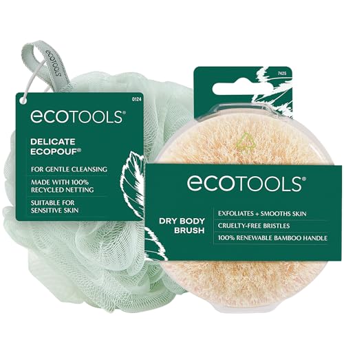 EcoTools Dry Body Brush for Circulation, Dead Skin Removal + Green Delicate EcoPouf Made with Recycled Netting for Cleansing and Exfoliating Sensitive Complexion, Self-Care Gifts - color: Green