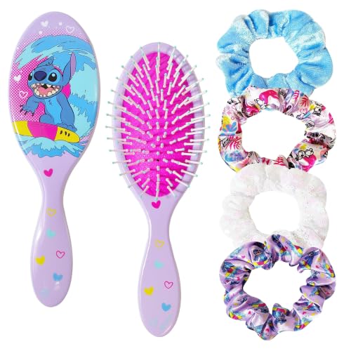 LUV HER Lilo & Stitch Hair Accessory 5 Pcs Set - 1 Regular 9 inch Stitch Hairbrush & 4 Scrunchies - Detangling Brush - Elastic Hair Ties Ropes for Girls, Ages 3+ - color: Stitch 5 Piece Hair Accessories