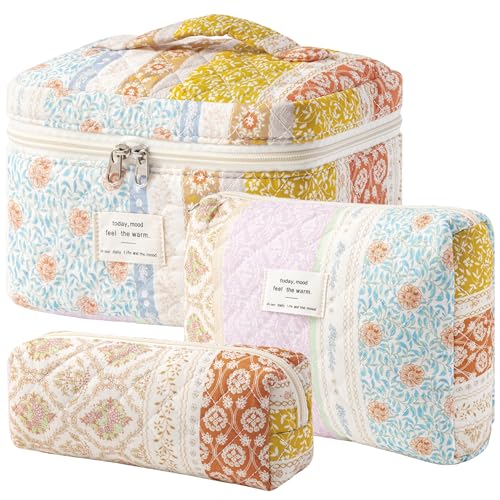 HBselect Quilted Makeup Bag, 3PCS Cotton Large Travel Makeup Bag, Cute Floral Coquette Make up Bag Cosmetic Bag Toiletry Bag for Women Girls - color: A-3PCS-Floral 36