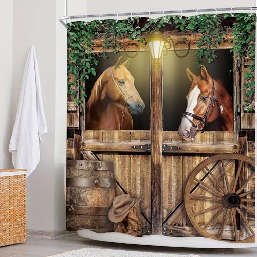 Newsely Western Horse Barn Door Shower Curtain 60Wx72H Inch Farmhouse Cowboy Old Wild West Green Leaves Shower Curtain Bathroom Set Wood Stable Wheels Waterproof Bath Decoration Accessories Home Decor - color: D-01horse, size: 60"W x 72"L (Pack of 1)