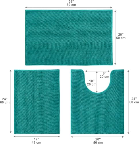 Urvoix 3 Pieces Bathroom Rugs Set, Non-Slip Chenille Bath Rug, Ultra Soft and Super Absorbent Bath Mat for Bathroom, Toilet and Tub (Teal Green) - color: Teal Green
