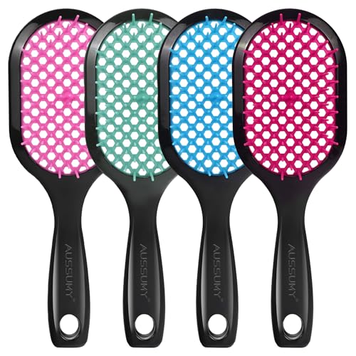 4 Pack Vented Detangling Hair Brush - Detangler Hairbrush with Soft Bristles for Effortless Tangle Free - Ideal for Wet Dry or Curly Damaged Hair for Women Men Kids - color: Pink+Green+Blue+Magenta