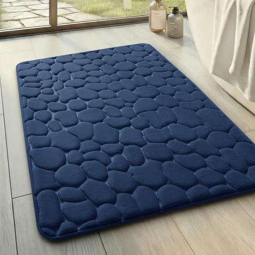 YIHOUSE Memory Foam Bath Mat Cobblestone Bathroom Rugs Super Water Absorbent Bath Mats for Bathroom Machine Washable Bath Rugs(17x24,Dark Blue) - color: Dark Blue Single, size: 1'5" x 2' (Rectangular)