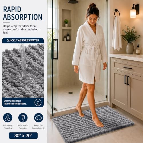 Yimobra Bathroom Rug Set 3 Piece - Super Absorbent Quick Dry Chenille Bath Mats & Toilet Rug, Non Slip Machine Washable, Extra Thick Shaggy Floor Mat for Shower Tub Sink, Grey - color: Grey, size: 24"x20" + 30"x20"+ 44"x24"