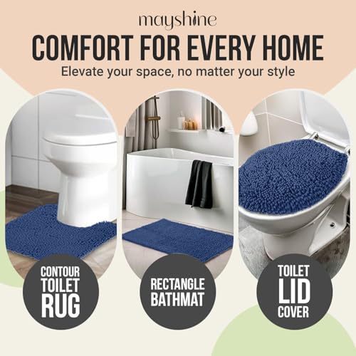Standard 3pc Set Chenille Bath Mats, Includes 21"x24" U-Shaped Contour Toilet Rug, 21"x34" Inches Bathmat and 1 Toilet Lid Cover, Plush Absorbent Bath Mats Quick Dry, Dark Blue - color: Dark Blue, size: 24"x21", 34"x21" and TLC (Set)