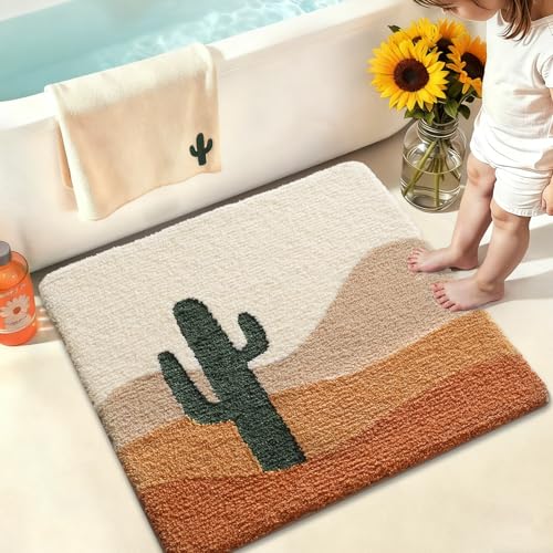 LUMI Bathroom Rugs with Cactus Plant, Square Bathroom Mat, Ultra Soft, Absorbent Quick Dry, Non-Slip Washable Shower Rugs, Luxury Carpet for Shower Floor, Bathtub, Home Decor, 26"x26" - color: A-desert Cactus, size: 26"x26"(Square)