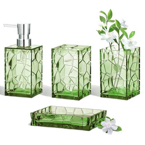 HBlife Bathroom Accessories Set, Sage Green Acrylic Bathroom Counter Set with Toothbrush Holder, Soap Dispenser, Tumbler, Soap Dish, Boho Modern Bathroom Accessories Decor, Ideal Gift Choice - style: Green