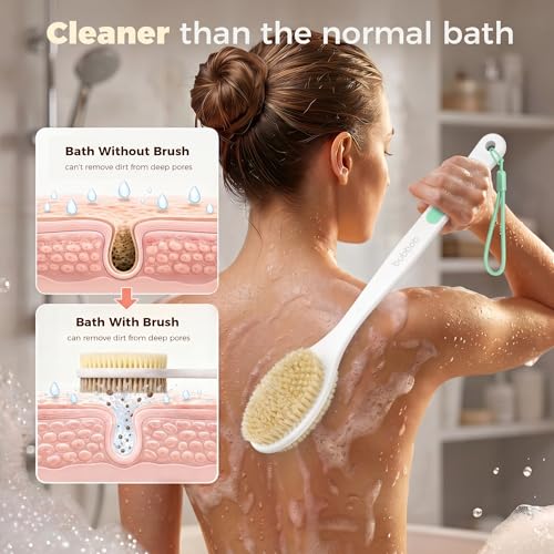 Back Scrubber for Shower with Long Handle,Green | Double Sided Bristles (Stiff & Soft), Anti-Slip Grip, Lightweight - Gift for Seniors, Includes Lanyard & Hook - color: Green