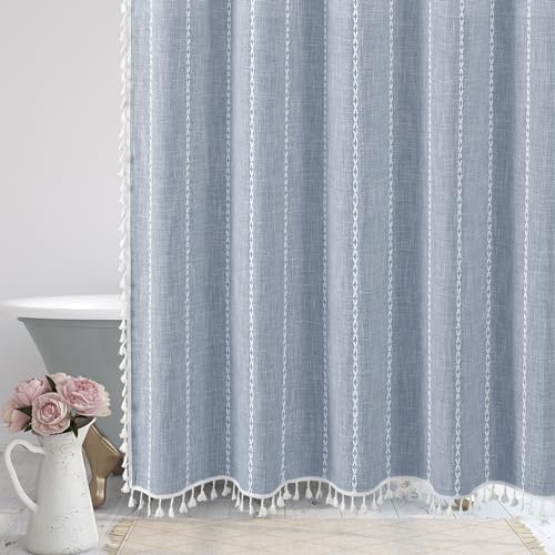 MitoVilla No Hooks Required Boho Farmhouse Shower Curtain with Snap-in Liner, Cotton Linen Fabric Shower Curtains with Tassels for Rustic Neutral Bathroom Decor, Blue, 72 x 74 - color: Blue