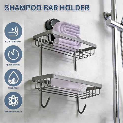 Shampoo Bar Holder Compatible with Kitsch, 2-Tier Self-Draining Shower Caddy with Suction Cup, Hanging Shampoo Bar and Conditioner Organizer with 2 Hooks, Rust-Free Bathroom Wall Accessories