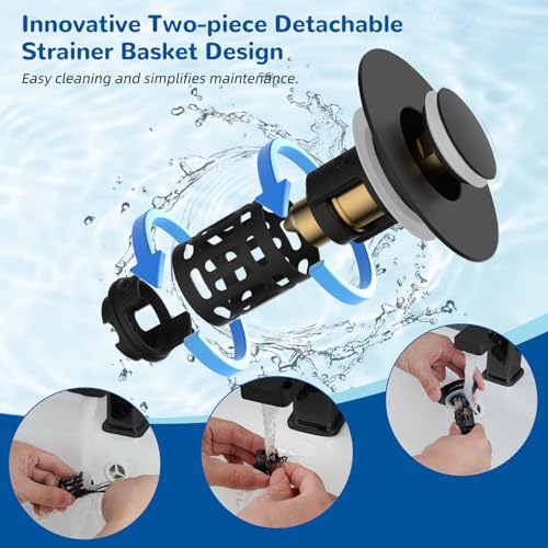 Hibbent Upgraded 3 in 1 Bathroom Sink Drain Strainer, Universal Pop Up Stopper, Removable Stainless Steel Filter Basket Hair Catcher, Sink Plug for 1.1''~2.36'' Basin, Brass Bullet Core, Matte Black - color: Matte Black