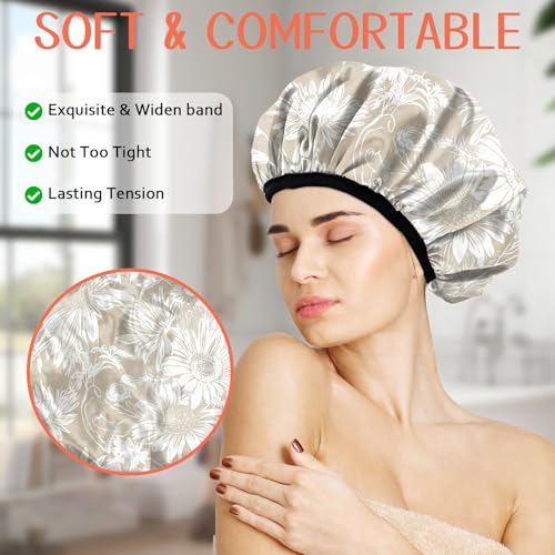Luxury Shower Cap Terry Lined Reusable Triple Layer Waterproof Hair Elastic Caps Shower Bath Hat for Women Girls Cute Aesthetic-Golden Sunflower - color: AL2-Golden Sunflower