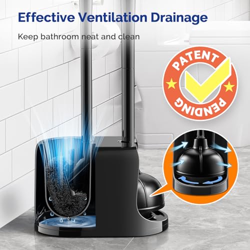 HAMITOR Toilet Plunger Bowl Brush Combo：Heavy Duty Rubber for Drain Clog Remover - Curved Design Bristles for Deep Cleaning Under Rim - Compact Bathroom Cleaning Tools for New Homet Essentials - Black - color: B-black, size: 1 pack