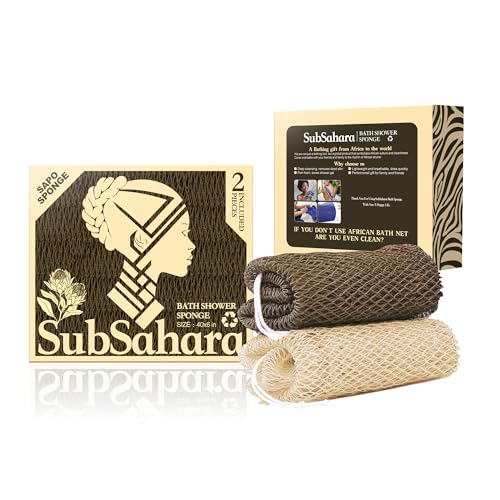 SubSahara Authentic African Net Sponge - 2 Pack Exfoliating Bath & Shower Loofah Sponge for Body & Face, Gentle Scrubber for All Skin Types, Travel, Durable (Linen & Brown) - color: Linen & Brown