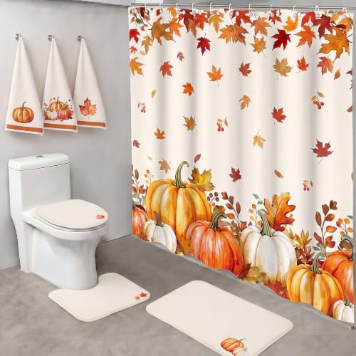 Haull 7 Pcs Fall Pumpkin Shower Curtain Set for Bathroom Autumn Leaves Non Slip Rug Toilet Lid Cover Bath Mat Towels with 12 Hooks Fall Waterproof Shower Curtain for Bathroom Autumn Thanksgiving Decor - style: Fall Pumpkin