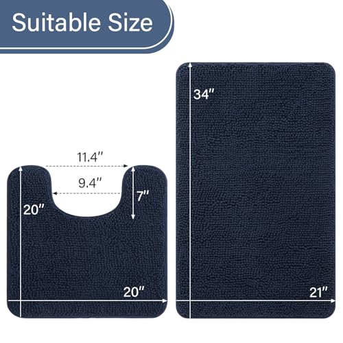 LOCHAS Bathroom Rugs Sets 2 Piece, Soft Non Slip Bath Mat Set, 20''x20'' U-Shaped Toilet Rug and 34''x21'' Navy Bath Rugs, Washable Absorbent Chenille Toilet Rug Set for Bathroom, Shower, Sink - color: Navy