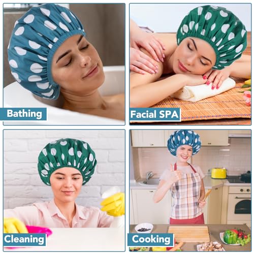 WSICSE 2 Packs Large Shower Caps for Women, Reusable Waterproof Shower Cap Bath Caps with Hair Scrunchies for Long Thick Hair (Blue/Green) - color: dark blue, dark green