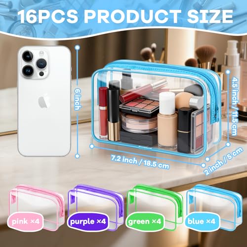 YedsIntu 16 Packs Clear Makeup Bag Bulk, Waterproof Cosmetic Storage Bags, TSA Approved Toiletry Bags PVC Zipper Plastic Pouches for Organizing Travel Bathroom - color: Multicolored-M