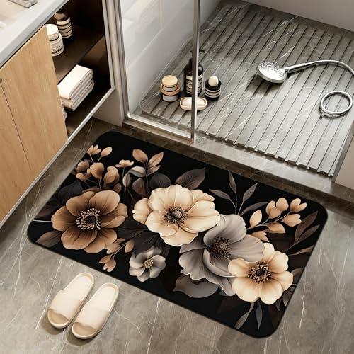 Bath Mat,Brown Black Flower Bathroom Rugs,Quick-Drying Non-Slip Rubber Bath Mats Artistic Absorbent Diatomaceous Earth Mat for Bathroom Home Decor 17"x29.5" - color: Brown Black Flower,artistic