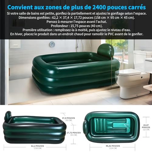 Portable Bathtub for adults,Inflatable bath tub for ice bath,Large Oval Ice Bath with pillow, 62.2x37.4x17.72in,Includes Pump, EasyInflate & Drain,Green - color: Green