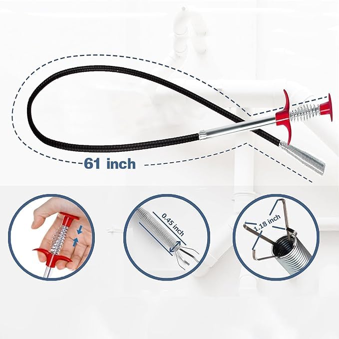 Drain Snake, Hair Drain Clog Remover Tool - 61 inch Snake Drain Hair Removal Tool for Sewer Kitchen Bathroom Tub Clogged Drains Opener Cleaning Tool, Flexible Grabber Claw Pick Up Reacher - color: R61