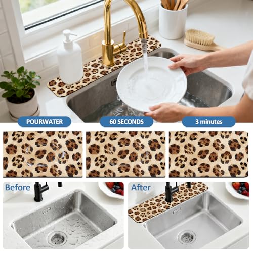 2 Pcs Kitchen Sink Splash Guard Faucet Mat Leopard Print Faucet Mat for Sinks Absorbing Drying Mats for Kitchen Bathroom, 23.6x5.5inch - color: Leopard Print