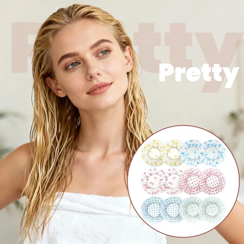 12 PCS Plastic Shower Cap Reusable Waterproof Reusable Shower Cap Elastic Showercap for Travel, Bath, Bathtub Bath, Women, Men, 6 Types